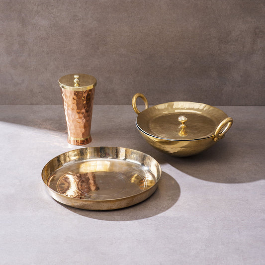 Ayurveda Starter Kit – Brass Kadhai, Copper Vessel and 26.5cm Kansa Plate